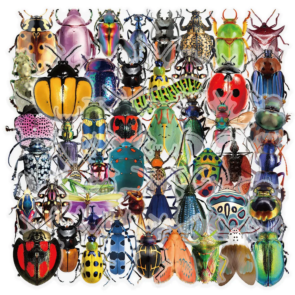 50 Sheets Colorful Insect Stickers Fun Entomology Style Labels for Phone Case Laptop Craft Embellishment Peel Joy Sticker Store