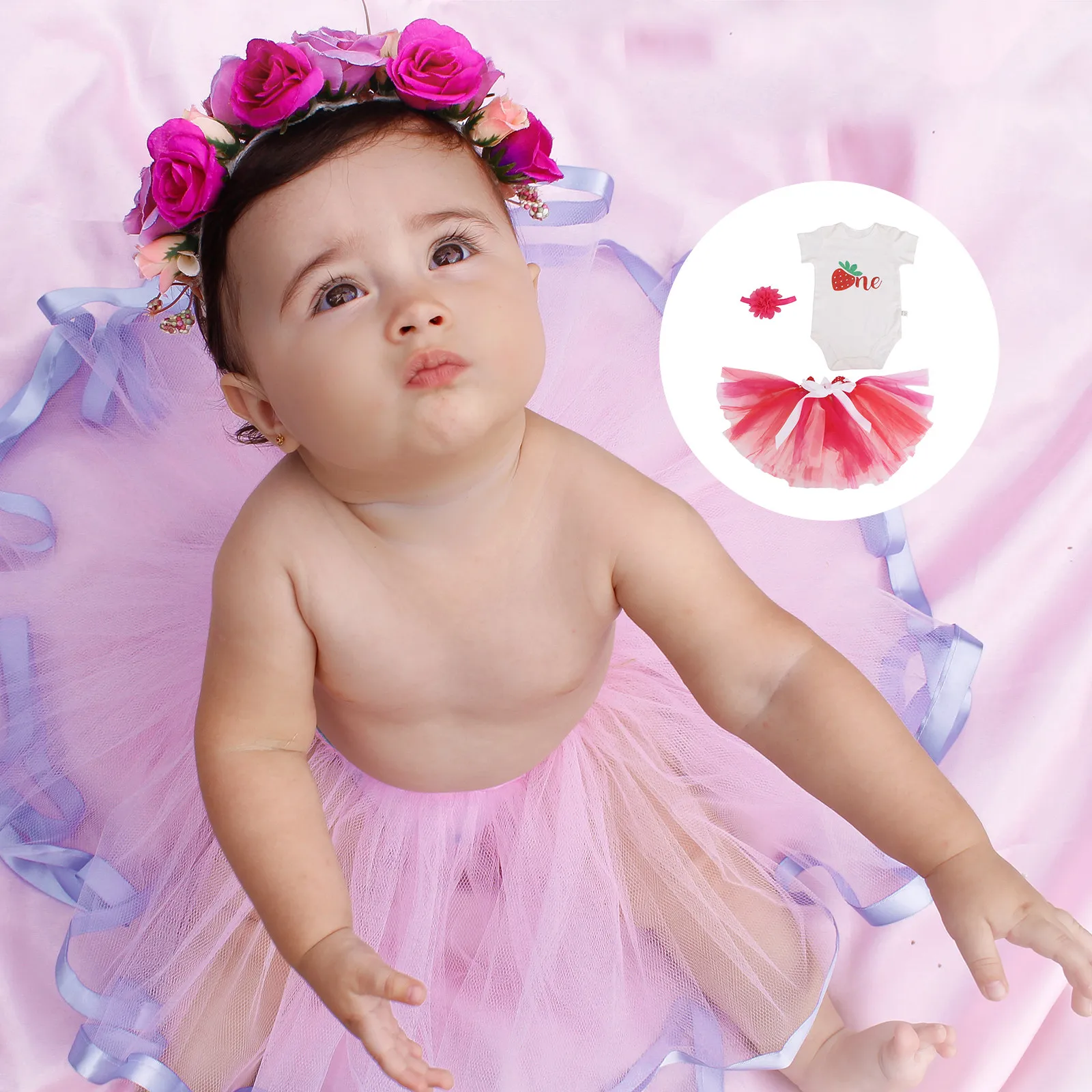 1Set Strawberry Baby Climbing Outfit Tutu Skirt Set for 12-18M One-Year-Old Girl Photo Shoot Party Carnival Studio Costume