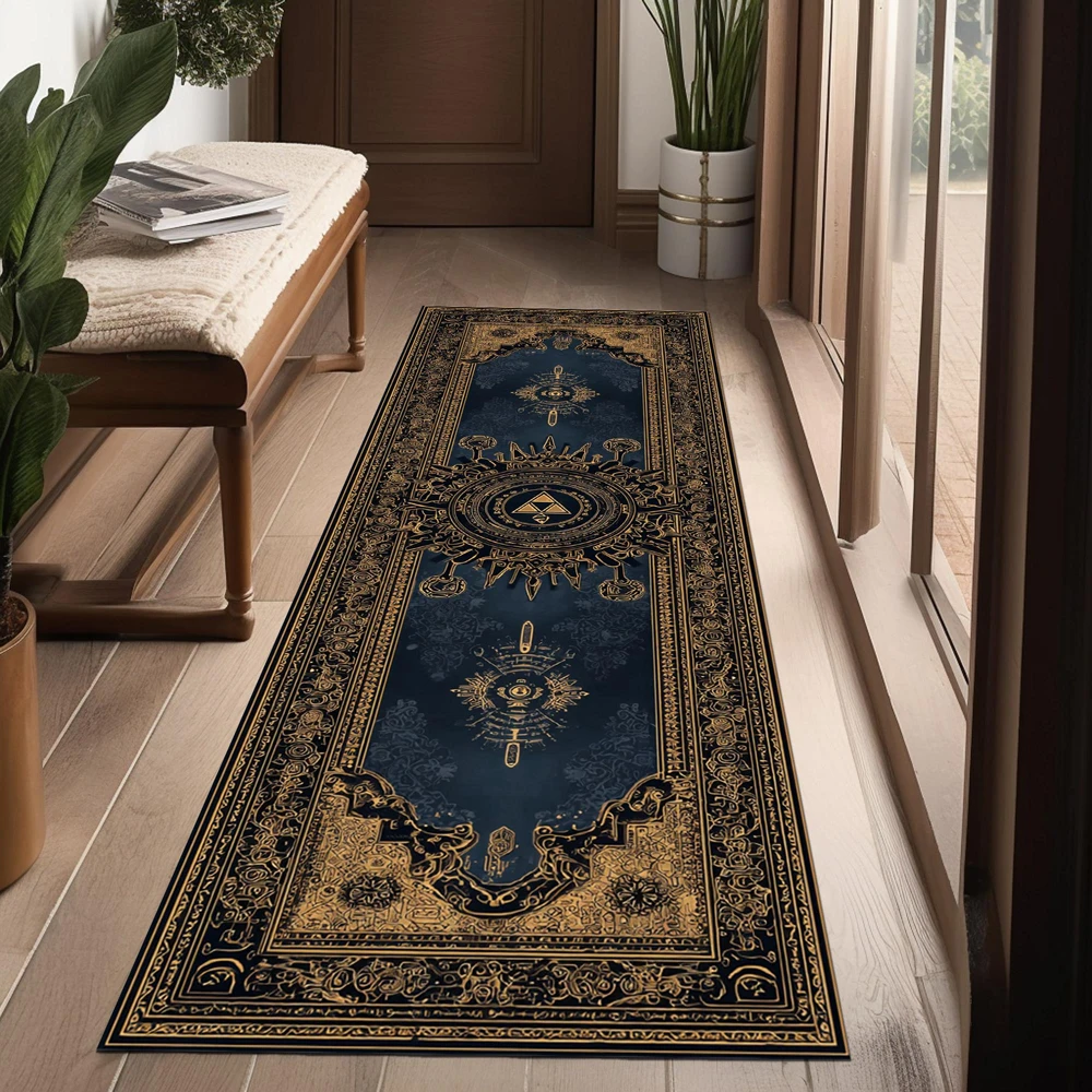 The Triforce Runner Rug Vintage Gold Blue Ornate Print Non Slip Area Rug for Living Room Bedroom Hallway Home Decor