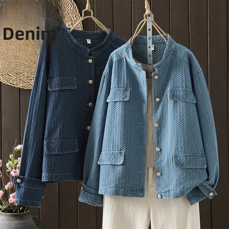 

Slimming Large Size Loose Fit Stand Collar Denim ort Jaet Women's Single Button Long Sve Jeans Sle Outerwear