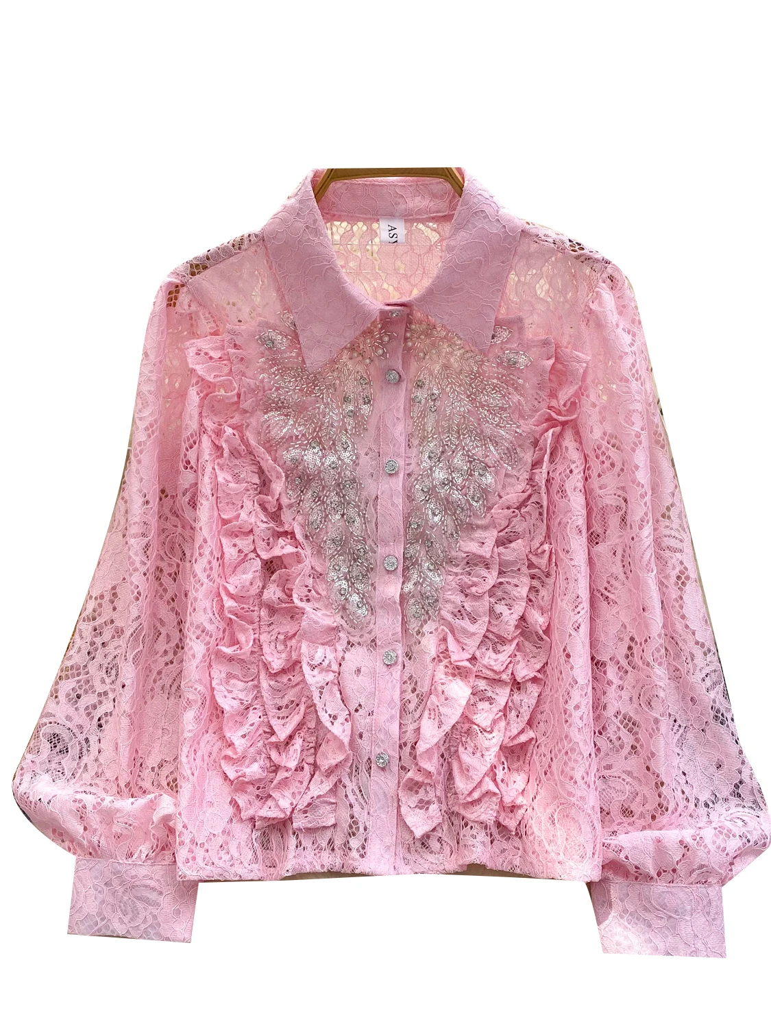 

Ele Long Sve Beaded Lace Hollow out Women's irt Faionable Versatile Single Button Korean Sle Loose Fit Commute Wear