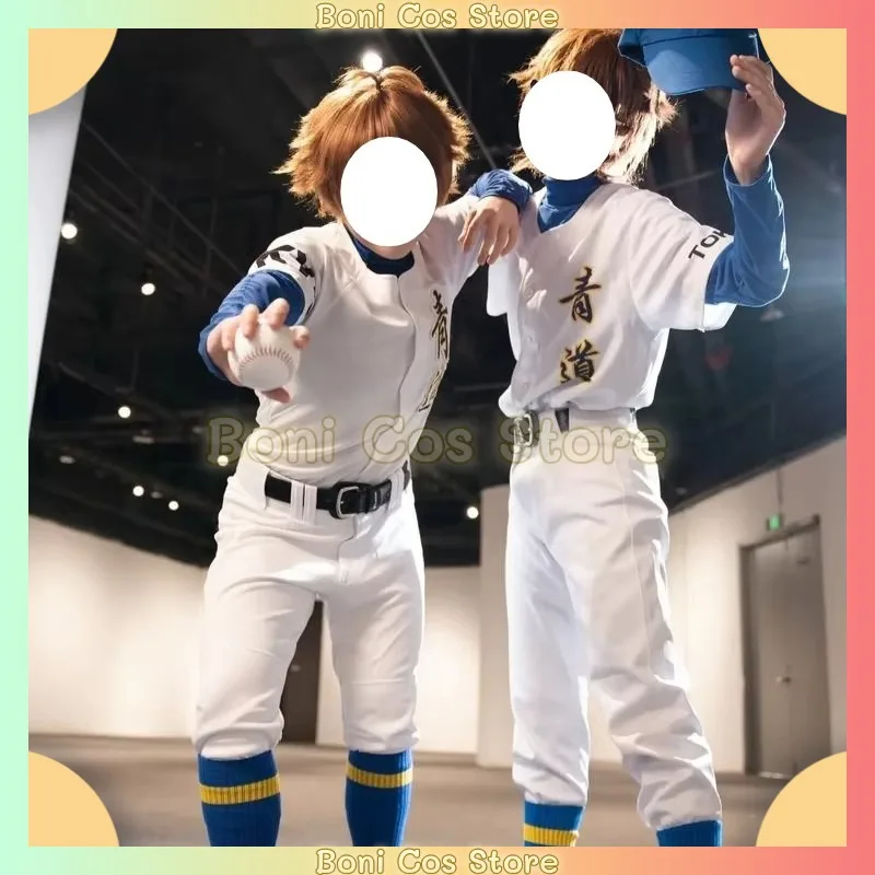 Ace Of Diamond Cosplay Costume Sawamura Eijun Seidou High School Baseball Uniform Blue White Sportswear Cap Leg Socks Set Party