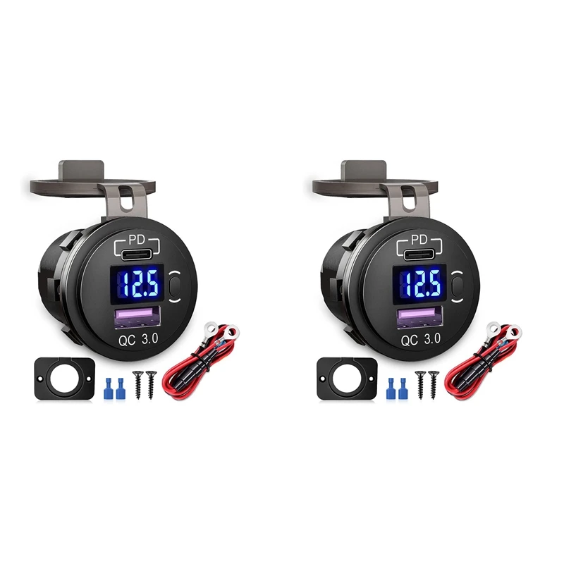 2X Car Dual USB Charger Quick Charge QC 3.0 & PD USB Charger Socket Adapter With Switch Voltmeter For Trucks