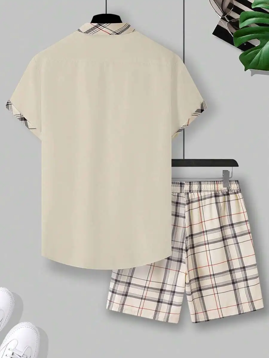 Manfinity Homme Men's Summer Plaid Splicing Short Sleeve Shirt And Shorts Casual 2-Piece Set Men Short Sleeve Dress Shirt, - view 6