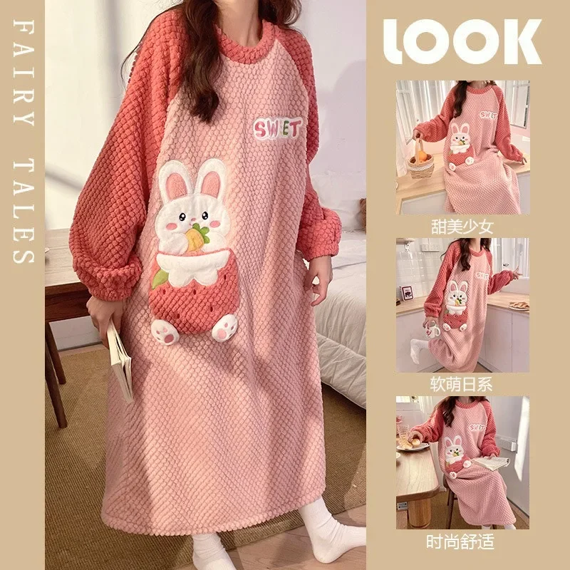 Cartoon Winter Coral Velvet Sleep Dress Women Long Sleeve Knee-length Nightgown Student Fleece-lined Thickened Flannel Homewear