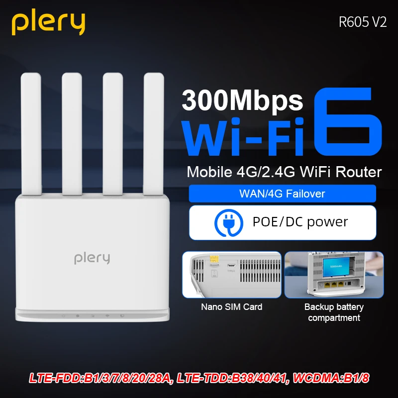 

Plery 4G LTE Router Plug and Play 300Mbps WiFi6 Router 2.4G 3 Ethernet Ports 5000mAH Battery Backup for Home/Office/Travel