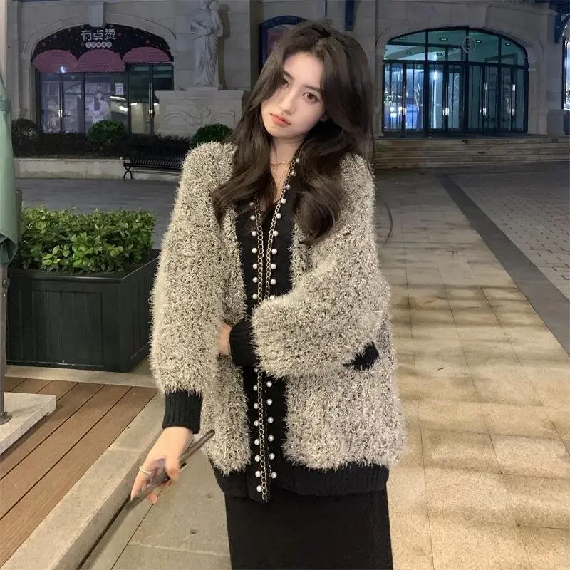 

Women's Autumn And Winter Thicker High-End Fashion Fluffy Chain Sweater Jacket with Beadwork and Velvet Trim Grey And White