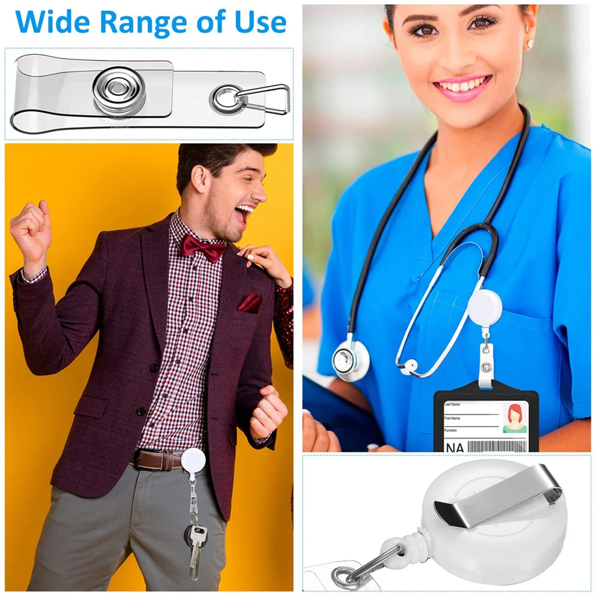 Gfc-100 PCS Clips de carrete de insignia retráctiles Carrete de soporte de tarjeta de identificación con clip de cinturón de metal para colgar tarjetas llaveros,C