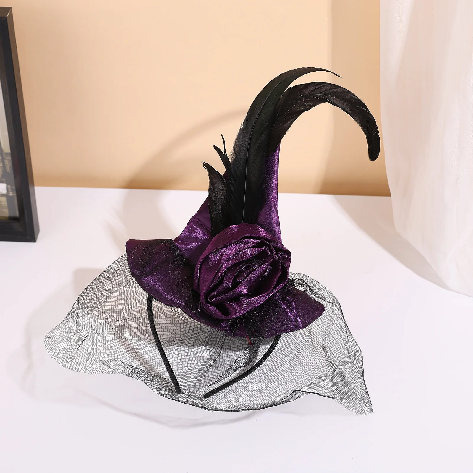 Carnival Party Halloween Dance Supplies Witch Hat Headband Retro High-end Headband Mesh Feather Style Accessories