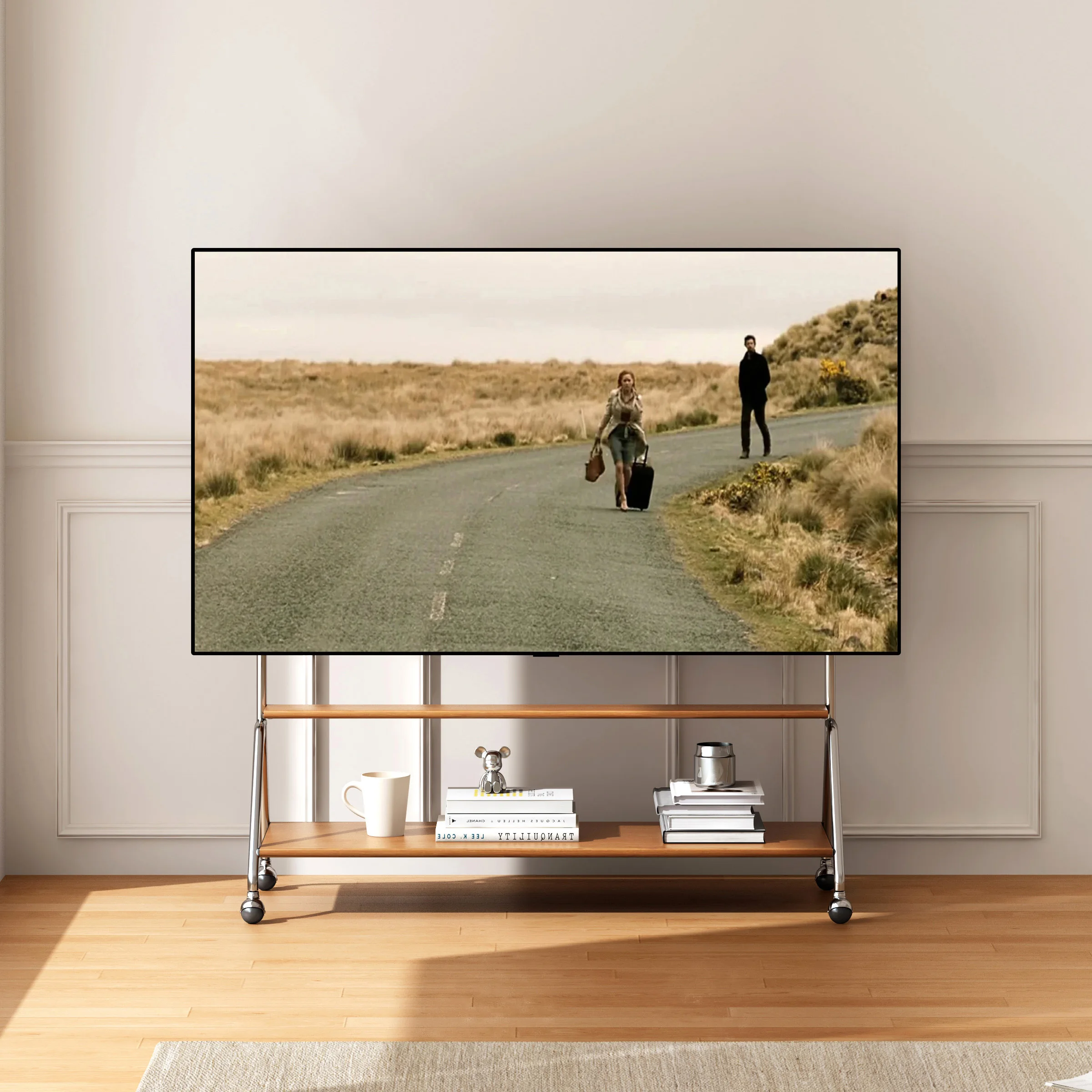 

TV mobile bracket Small apartment with wheels Stainless steel mobile TV rack Solid wood multi-function monitor hanger