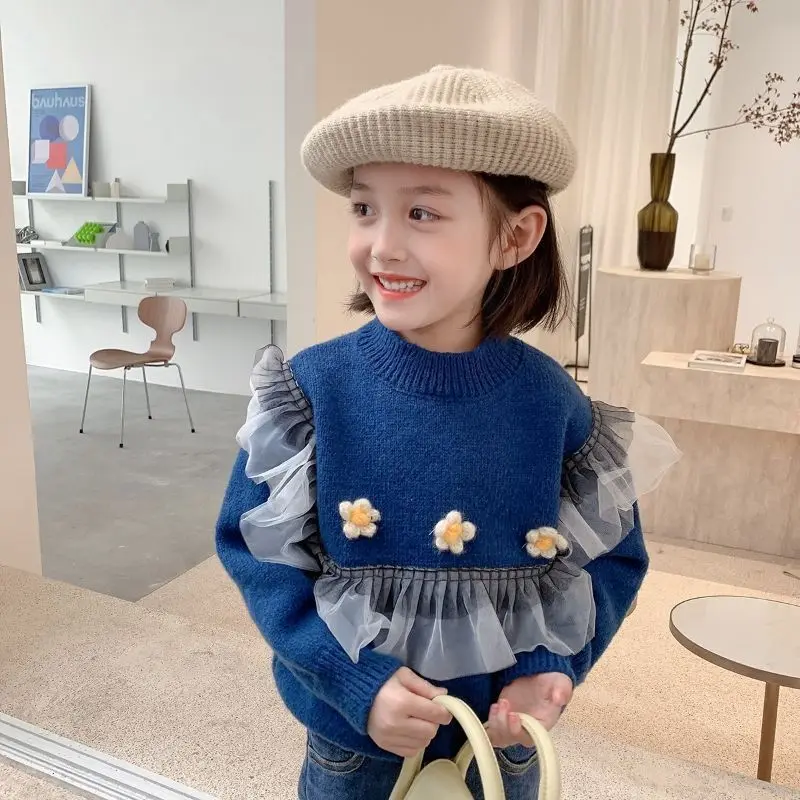 

Girls Autumn Sweater 2024 New Fashion Thicken Fleece-Lined Flowers Tulle Ruffle Blue Pullover Kids Warm Winter Knitwear