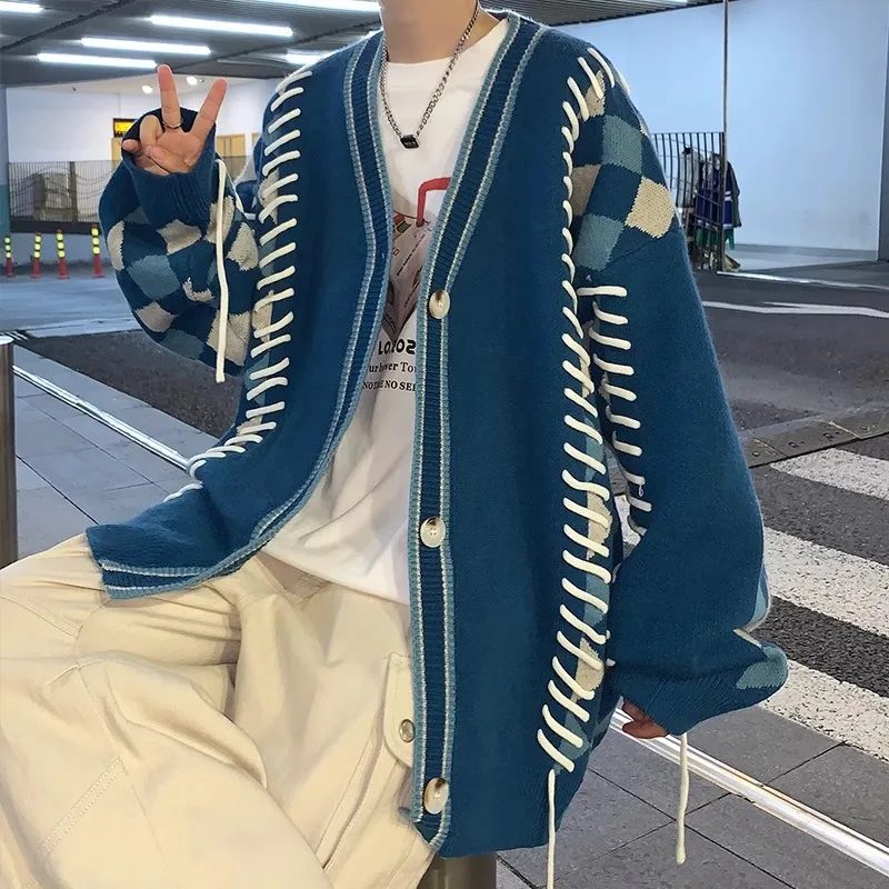 

Вязаный свитер ручной работы с v-образным вырезом, пальто, мужской модный бренд INS, японский ретро, уличный молодежный спортивный трикотаж, осень-зима