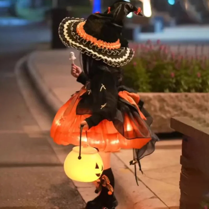 Halloween Lolita Dress A Girl's Glowing and Fluffy Skirt Witch Hat Pumpkin Layered Dress Princess Mesh Skirt Holiday Gifts