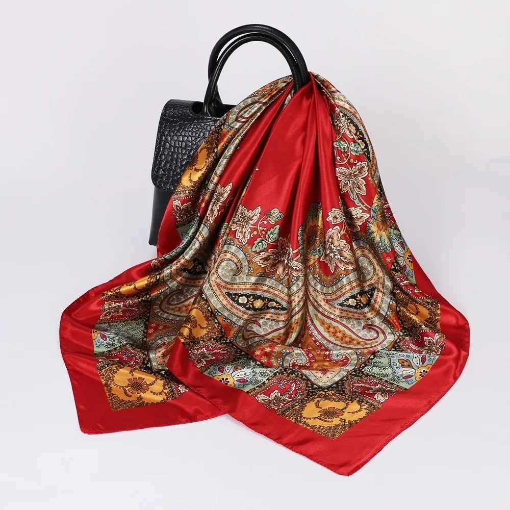 

Luxury 90*90cm Satin Square Scarf Bohemian Hair Accessories Women Muslim Hijab Bandana Floral Shawl Wraps Headband Daily Use