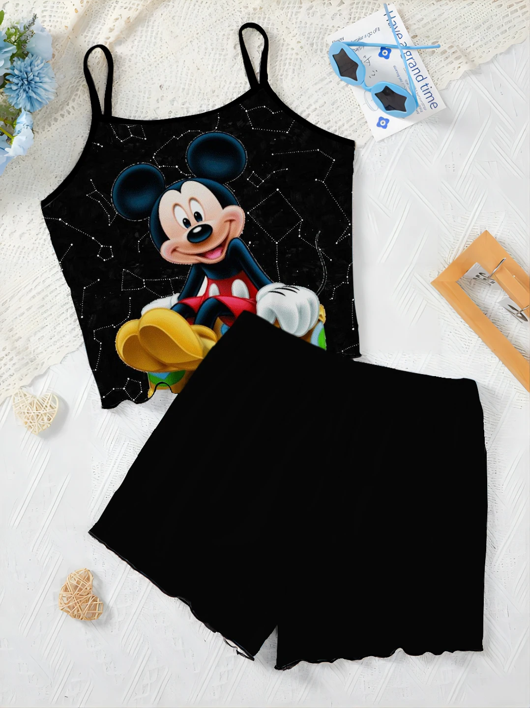 Kurze Sets für Frauen 2 Stück Home Dress Pyjama Rock Disney Mickey Top T-Shirt Salat besatz Damen anzug elegante Disney Mickey