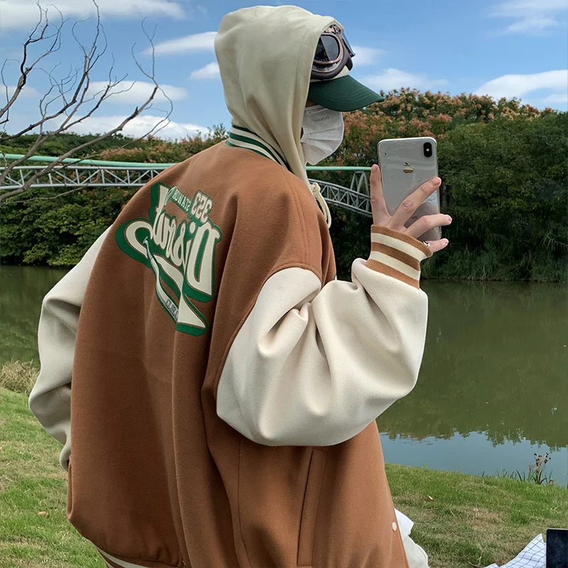 

Повседневная свободная бейсбольная куртка для мужчин в стиле хип-хоп, уличная модная осенняя молодежная куртка с цветными блоками, трендовая, на одной пуговице, с длинными рукавами