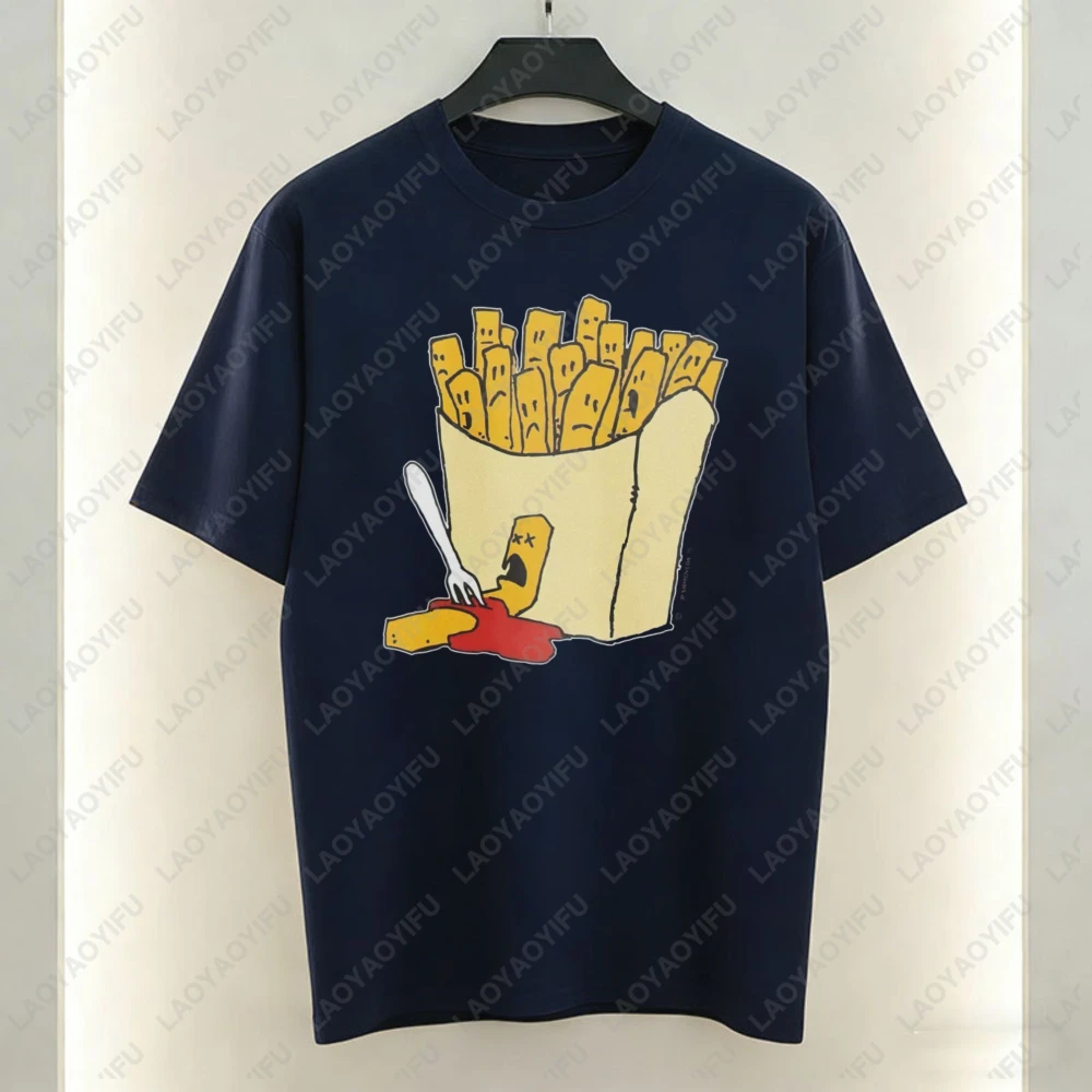 Funny French Fries Cartoon T Shirt Cotton Casual Food Lover Graphic Tee Humorous Fast Food Daily Wear Comfortable Breathable Top