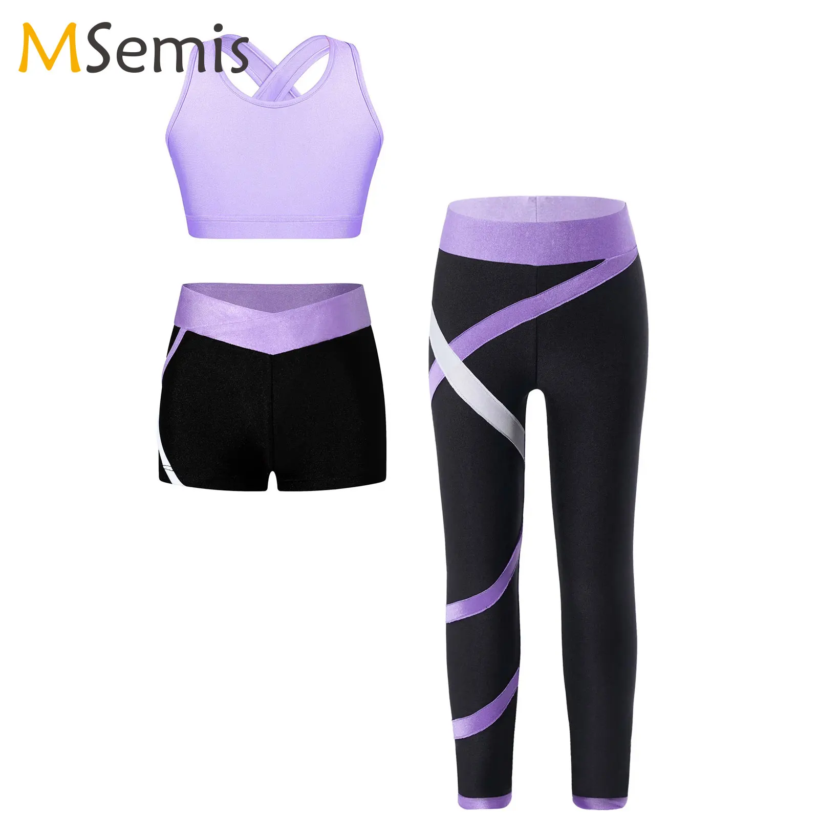 Girls Figure Skating Costume Cross Back Vest+Shorts Practice Leggings Pants for Yoga Running Professional Competition Training