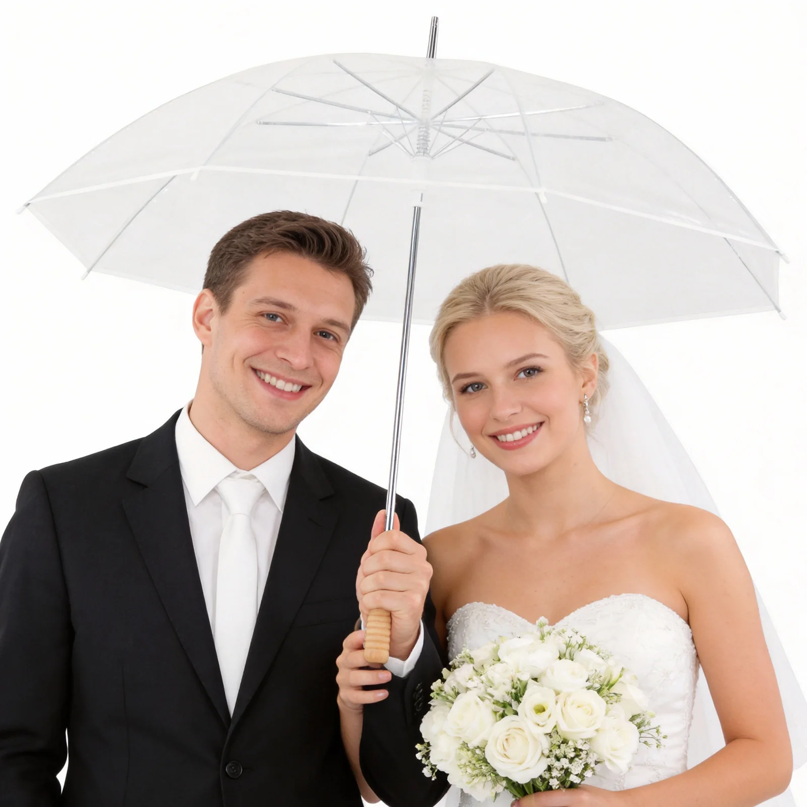

50 Pack Stick Wedding Umbrellas Windproof Waterproof Clear Umbrellas for Wedding with Wooden Handle with Thank You Tags and Rope