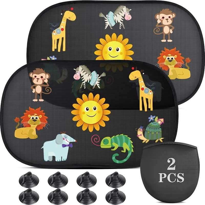 Pare-soleil de voiture 2 pièces motif animaux de dessin animé 20x12 pouces en PVC noir résistant aux UV auto-adhésif avec 8 ventouses