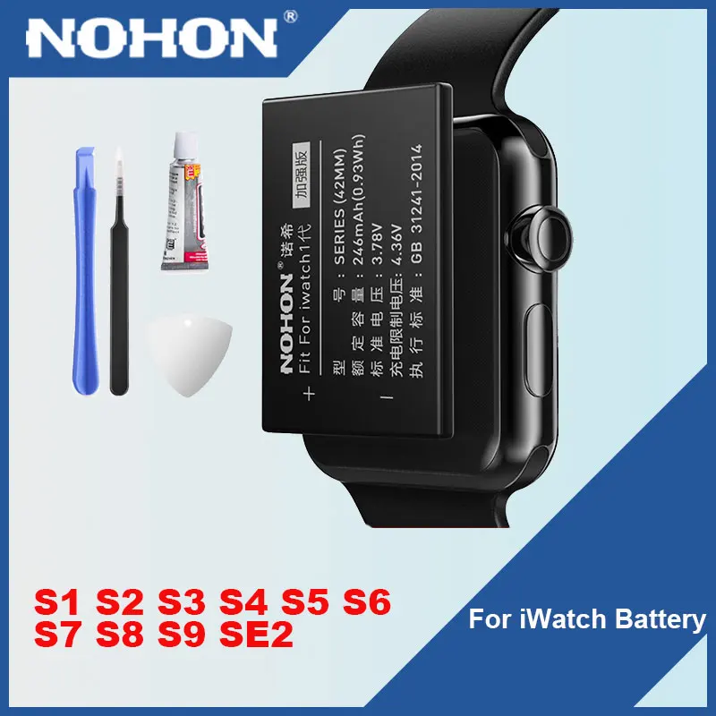 Batterie NOHON pour Apple Watch série 9 8 6 5 4 3 2 1 Batteries de remplacement pour iWatch S1 S2 S3 GPS S4 S5 SE2 S6 S7 S8 avec outils