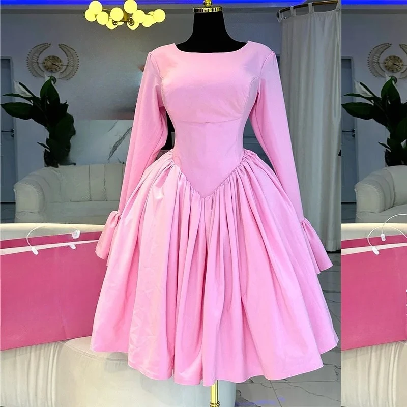 

Mid Length Dress Women A Line New Dresses Pleated Round Neck Casual Elegant Pink Party Vestidos High Waist Night Wedding Lace Up