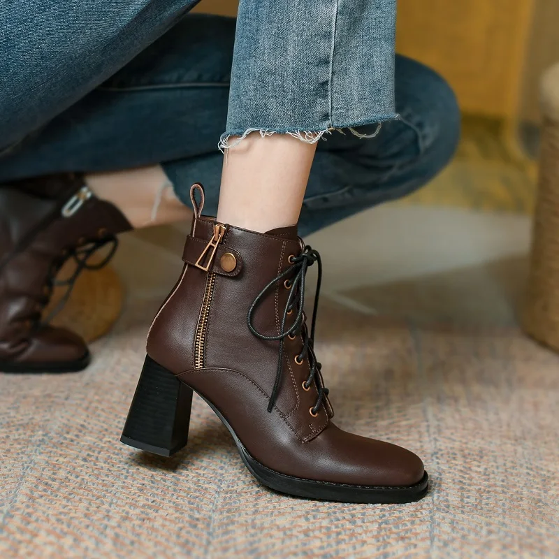 

Real LeatherThick High Heels Short Boots Modern Shoes On Heel 7 cm Modern Women Ankle Boots Spring Autumn Winter Shoes