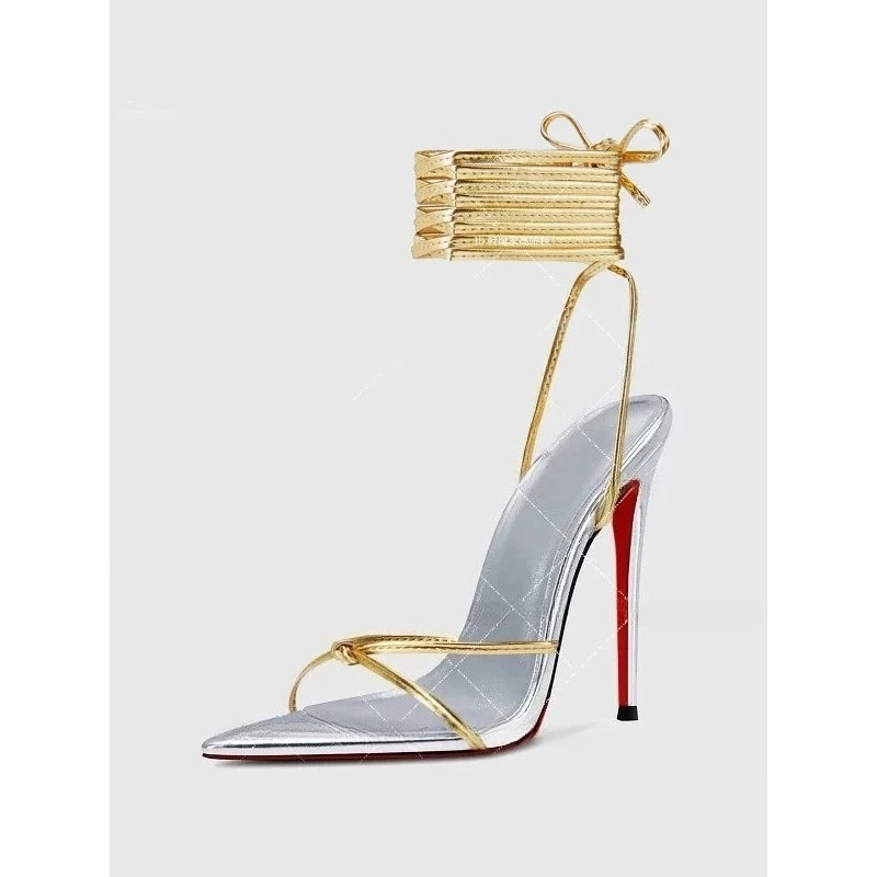 Temperamento de moda, nuevos tacones altos con tiras cruzadas finas y puntiagudas de 12cm para mujer, sandalias sexis de talla grande a la moda plateadas