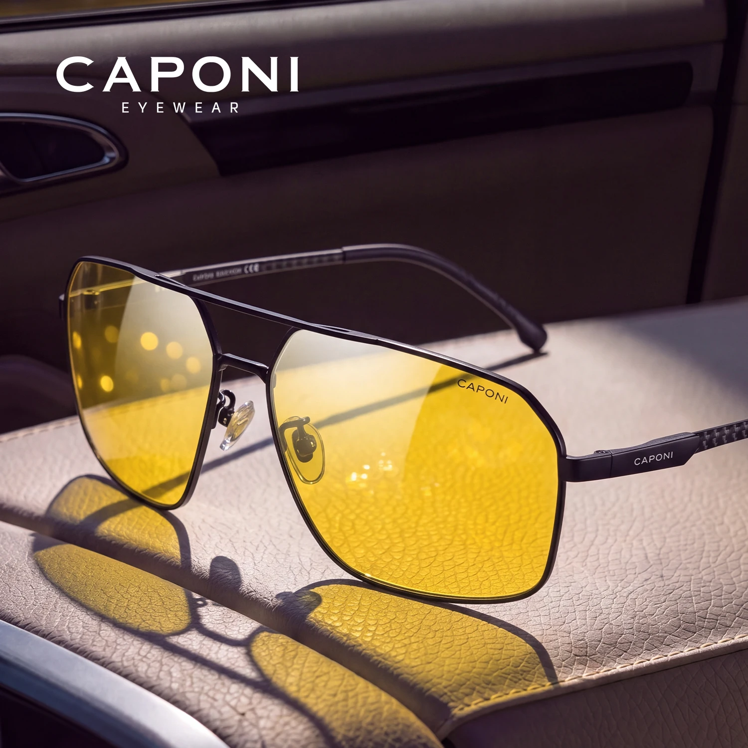 CAPONI Men Sunglasses Night Vishion Outdoor Driving Carbon Fiber Photochromic Sunglasses UV400 Polygon Yellow Sunglasses YS36729