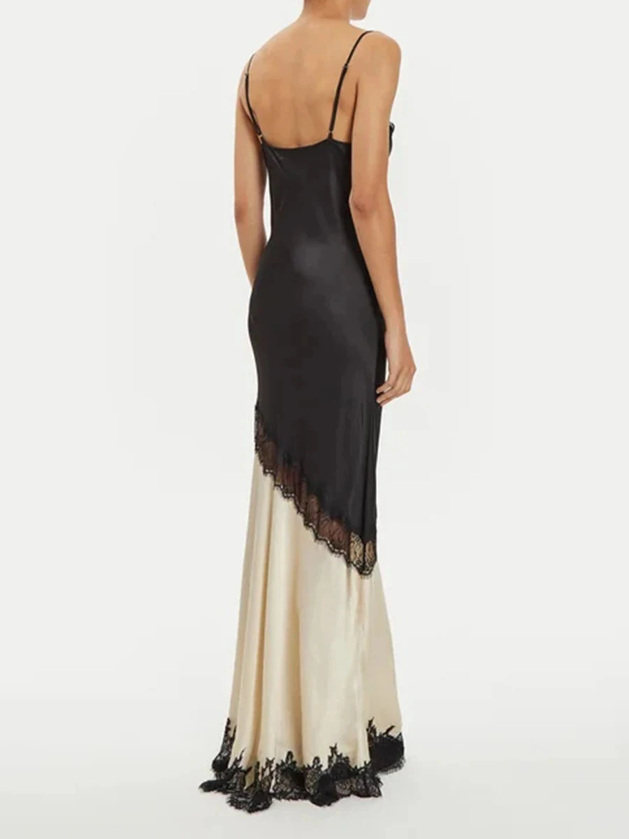 TWOTWINSTYLE, vestidos largos sexis de encaje empalmado transparente para mujer, vestido elegante dividido sin mangas con cuello en V, ropa femenina nueva