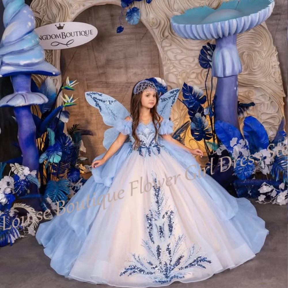

Luxury Blue Flower Girl Dress Off Shoulder A-Line Lace Appliques Sequined Pleated Ball Gowns Girl First Communion Birthday Dress