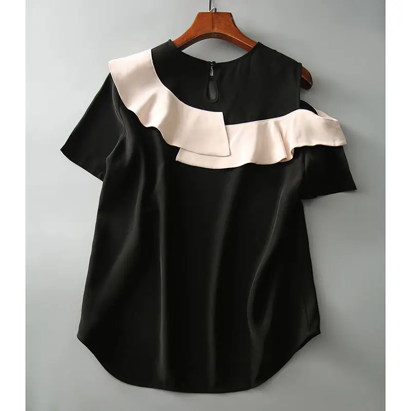 Off Shoulder Ruffles Patchwork Vintage Blouse Short Sleeve Contrast Loose Casual Shirt Tops Summer Fashion Trend Women Clothing