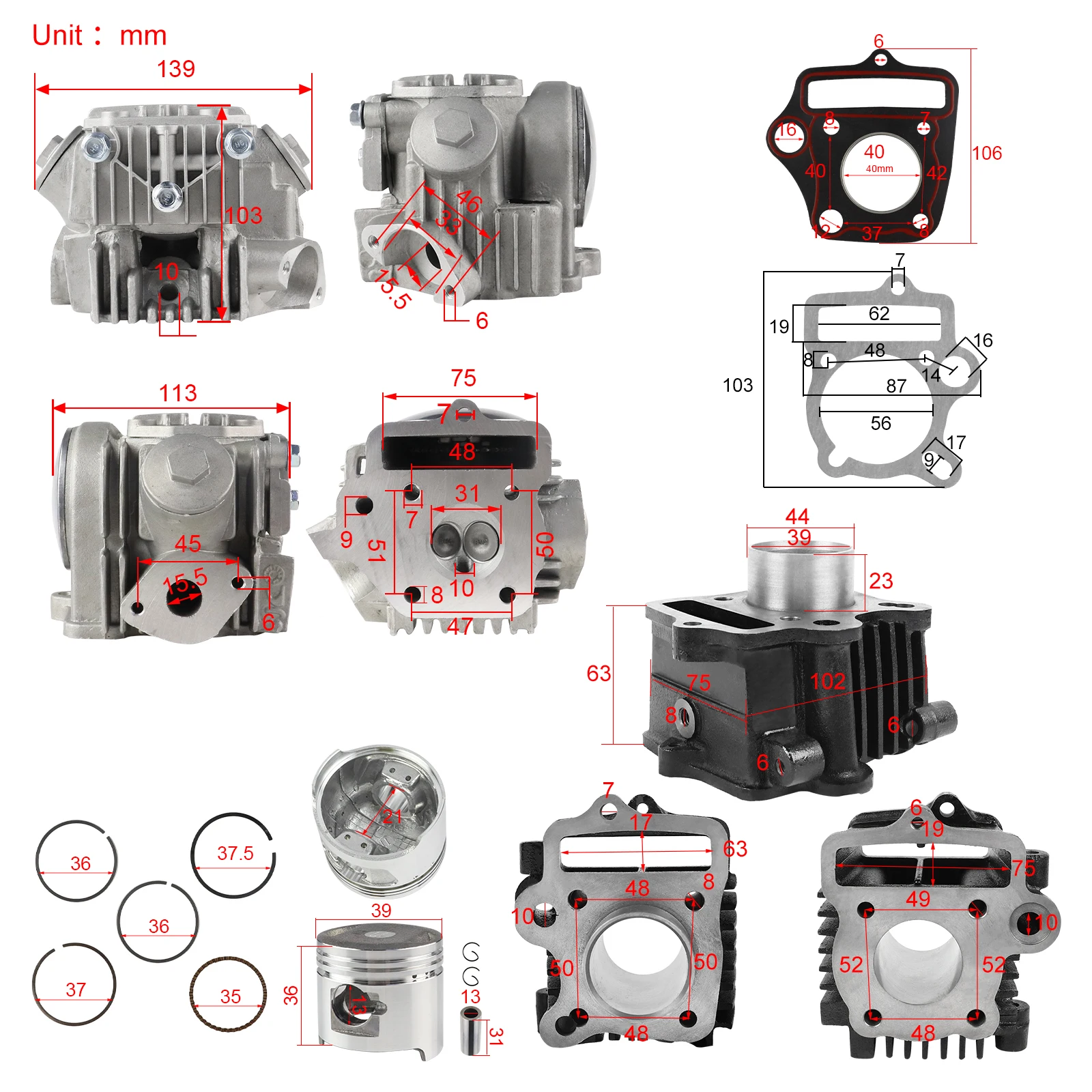 Cylinder Piston Ring Gasket Top End Rebuild Kit for Honda XR50 CRF50 XR50R CRF50F XR CRF 50 50cc