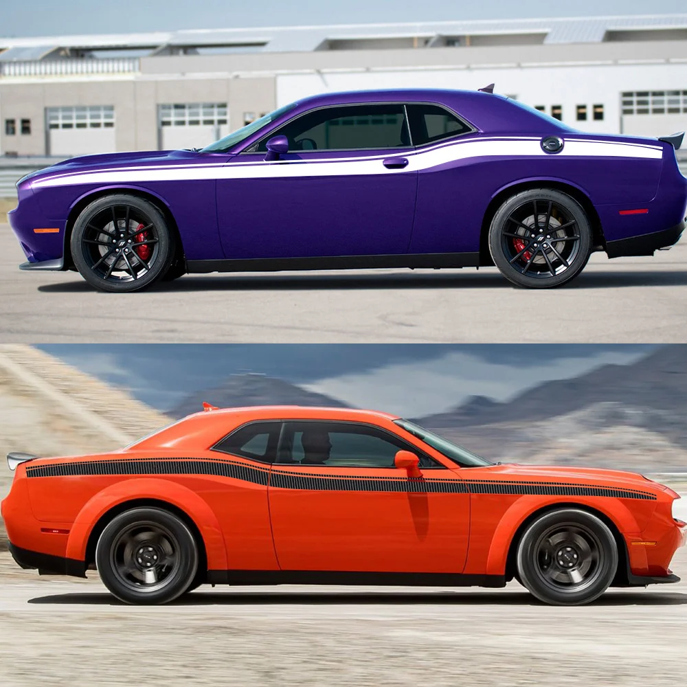 2Pcs Car Side Body Waistline Stickers Racing Stripe Vinyl Film Decals Auto Accessories for Dodge Challenger SRT Hellcat SXT GT view 4