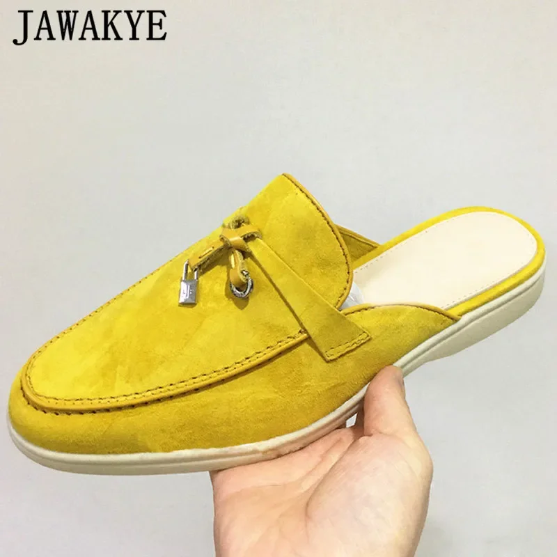 2024 New Leather Tassel Women Flat Mules Summer Walk Slides Suede Closed Toe Half Loafers Surround Comfort Casual Slippers Woman