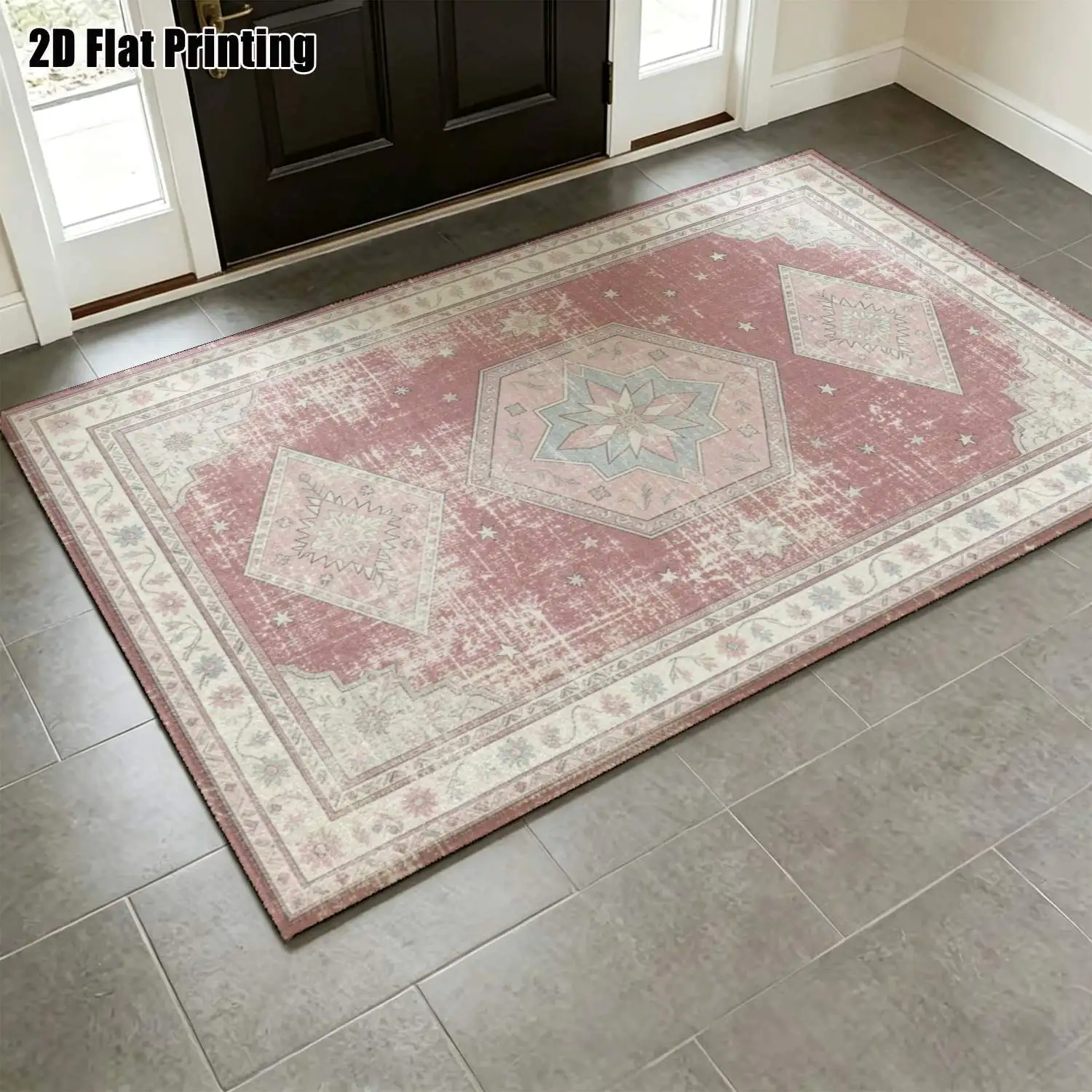 1Pc 2D Printed Retro Boho European Carpet, Red Pink Geometric Pattern, Washable, Multi-Size, Home Decor, Multi-Scene Use