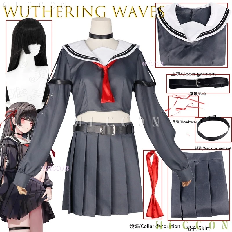 أزياء الهالوين Wuthering Waves Chisa تأثيري حلي مجموعة للنساء زي مدرسي Jk تنورة الكبار النساء disfraz 2028