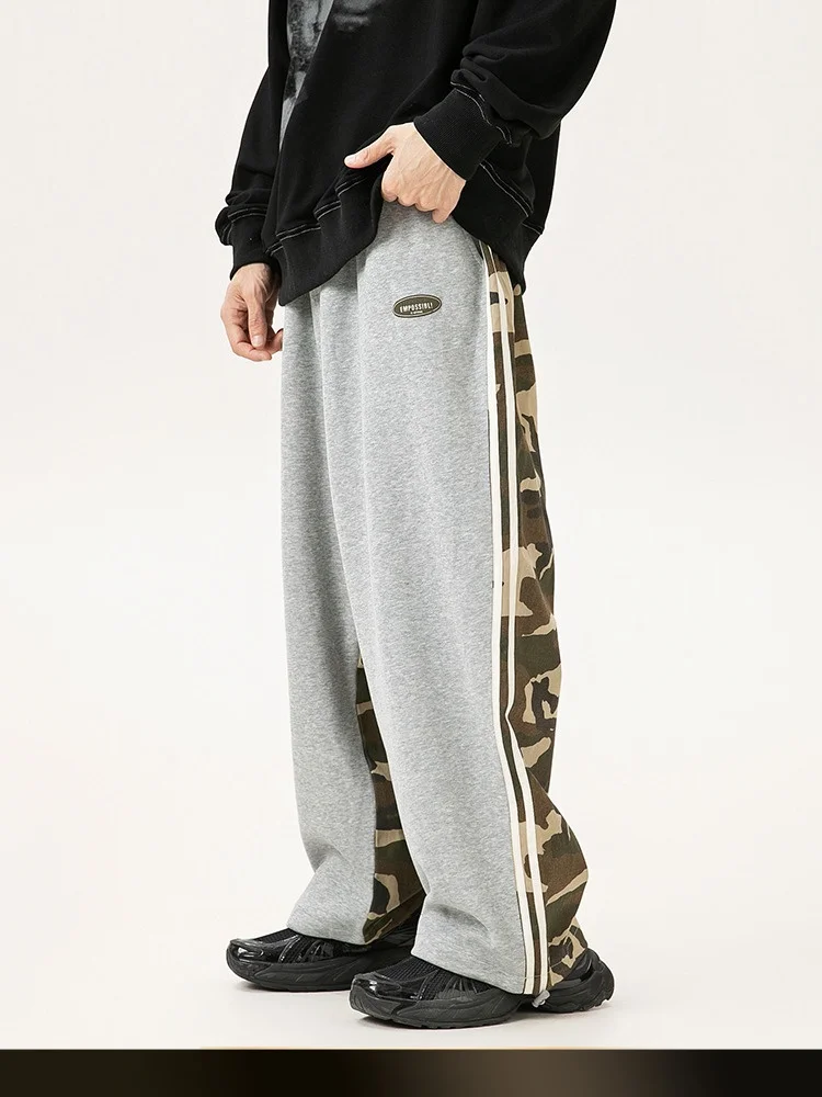 

NTED American Retro Camouflage Patchwork Straight Leg Sport Casual Pants Men Autumn Trendy Loose Couple Cuffed Long Trousers