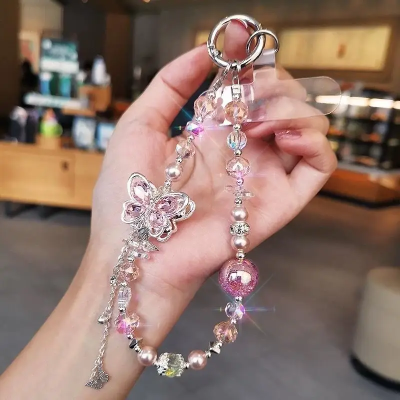 1 Piece Crystal Beaded Phone Chain Colorful Round Beads with Butterfly Pendant for Mobile Phone Wrist Strap