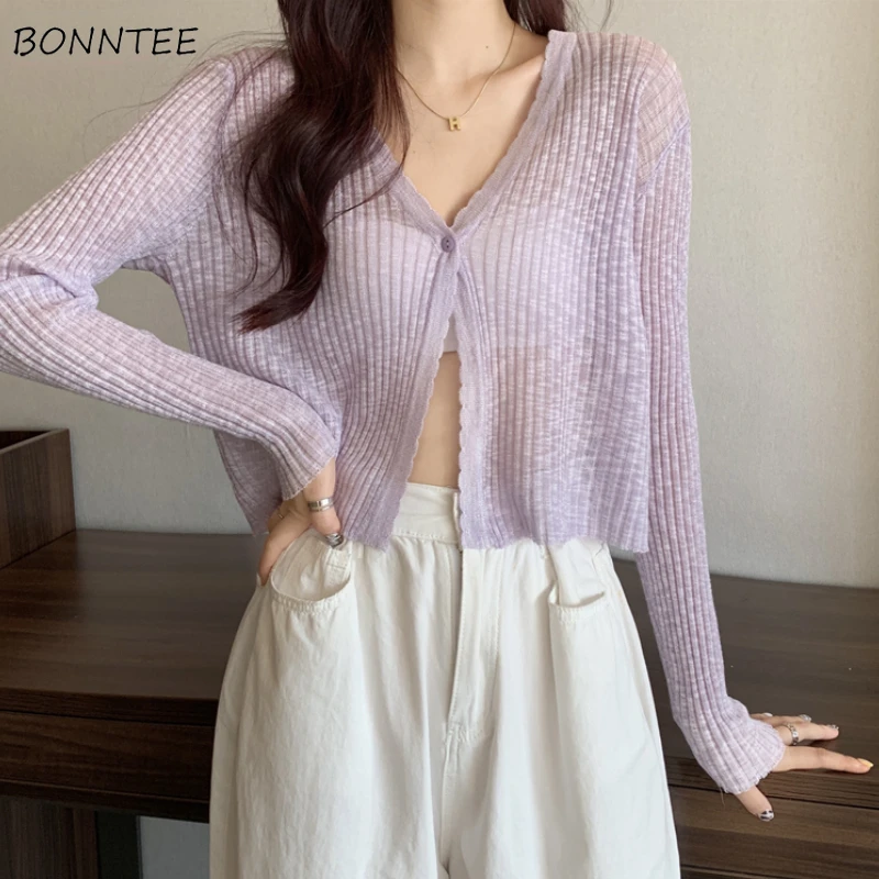 Cardigan Women V-neck Solid Slim Knitted Thin Tops Female Korean Style Simple Fashion Long Sleeve Sun Protection Summer Sweet