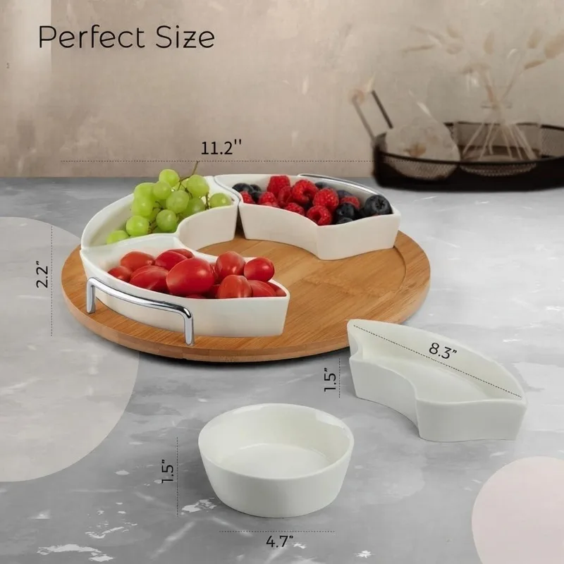 360° Rotating Ceramic Divided Serving Tray Lazy Susan Chip and Dip Set with Removable Bowls Bamboo Serving Platter for Taco Bar