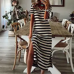 Vestidos de verano de talla grande para mujer, ropa informal con estampado a rayas, cuello en V, manga corta, holgada, larga, 2023