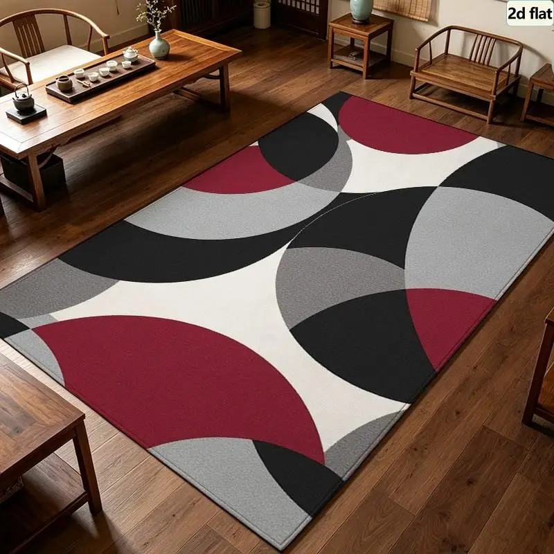 Carpet Flooring Red Black Grey Circle Abstract Area Rug Retro Overlapping Round Shape Floor Carpet Home Decor