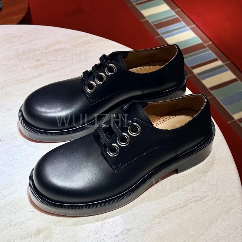 

Metal Ring Derby Black Matte Leather Lace Up Loafers Men Round Toe Flat Sporty Business Gentleman Wedding Low Heel Casual Shoes
