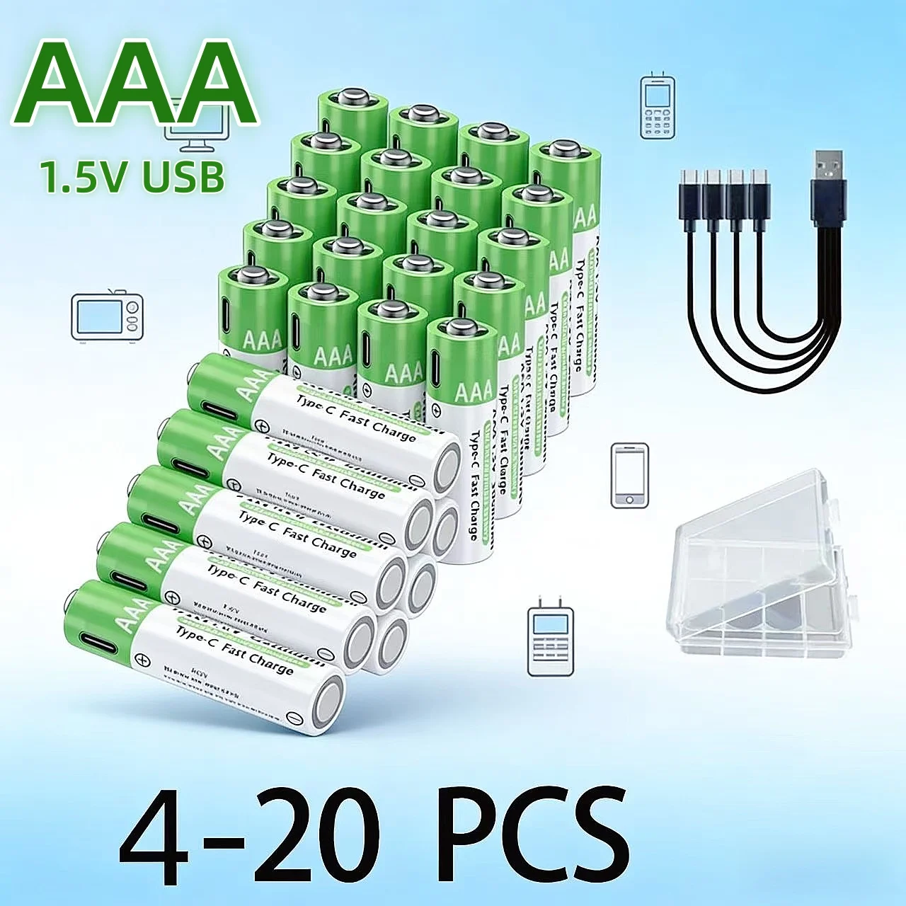 3000mAh AAA Li-ion Brand New Rechargeable Batteries Type-C Lithium-ion 1.5V AAA Rechargeable Battery+Storage Box And Data Cable
