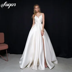 Elegantes Satin Brautkleid für Frauen sexy Spaghetti träger geraffte Falten a-line einfaches Brautkleid vestido de noiva anpassen