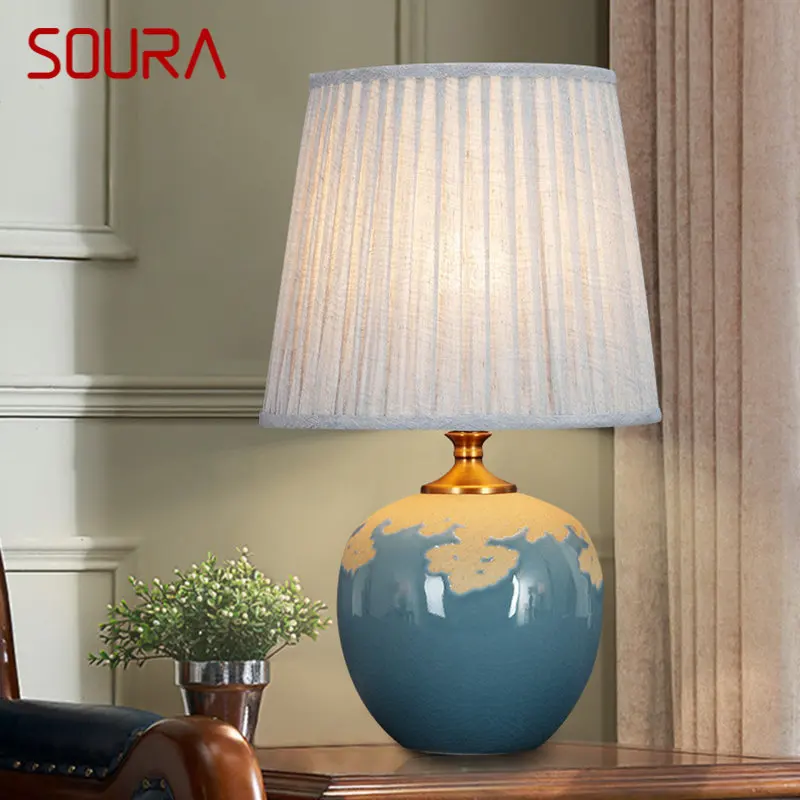 SOURA Nordic Luxury Creative Cerâmica Table Lamp LED Modern Blue Dimming Bedside Light para Desk Decor Quarto