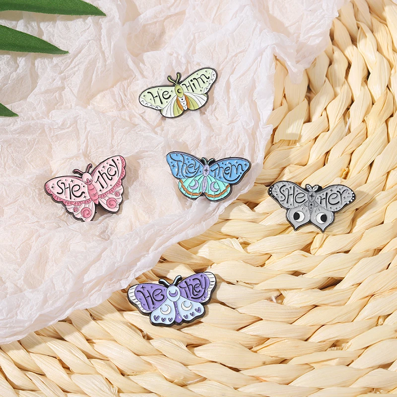 Colorful Butterfly Moth Enamel Pin Cute Insect Pronoun Her Him They Them Brooches for Women Kids Lapel Pins Jewelry Gifts