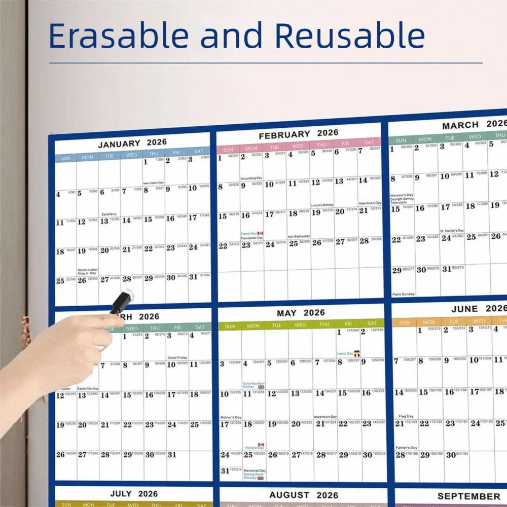 New 2026 Large Wall Calendar Erasable Double-Sided Hang Calendars Foldable Work Schedule Planner for Home Office and School