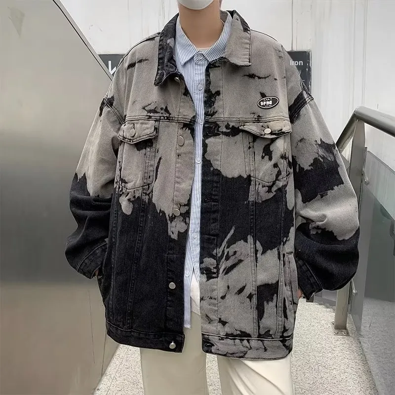 

Винтажный джинсовый джинсовый джерт с зауженным принтом тай-дай, мужской весенне-осенний модный уличный рабочий костюм, свободный крой или длина, джерт